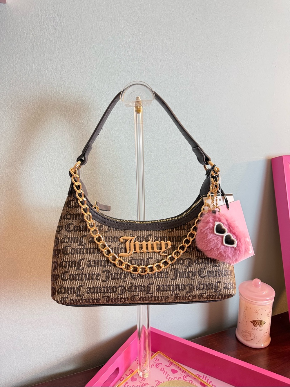 Juicy Couture Brown Logo Chain-Accent Shoulder Bag with Pink Heart Pom